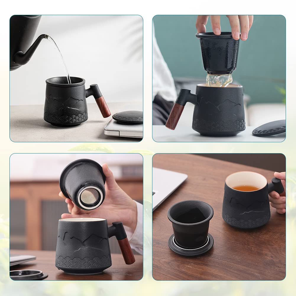 Yuragim Teetasse mit Deckel und Sieb, 400 ml Teesieb für losen Tee Tasse, Teetassen aus Keramik für Losen Tee Oder Beutel mit Holzgriff, Den Täglichen und Bürogebrauch für Einweichen Tee