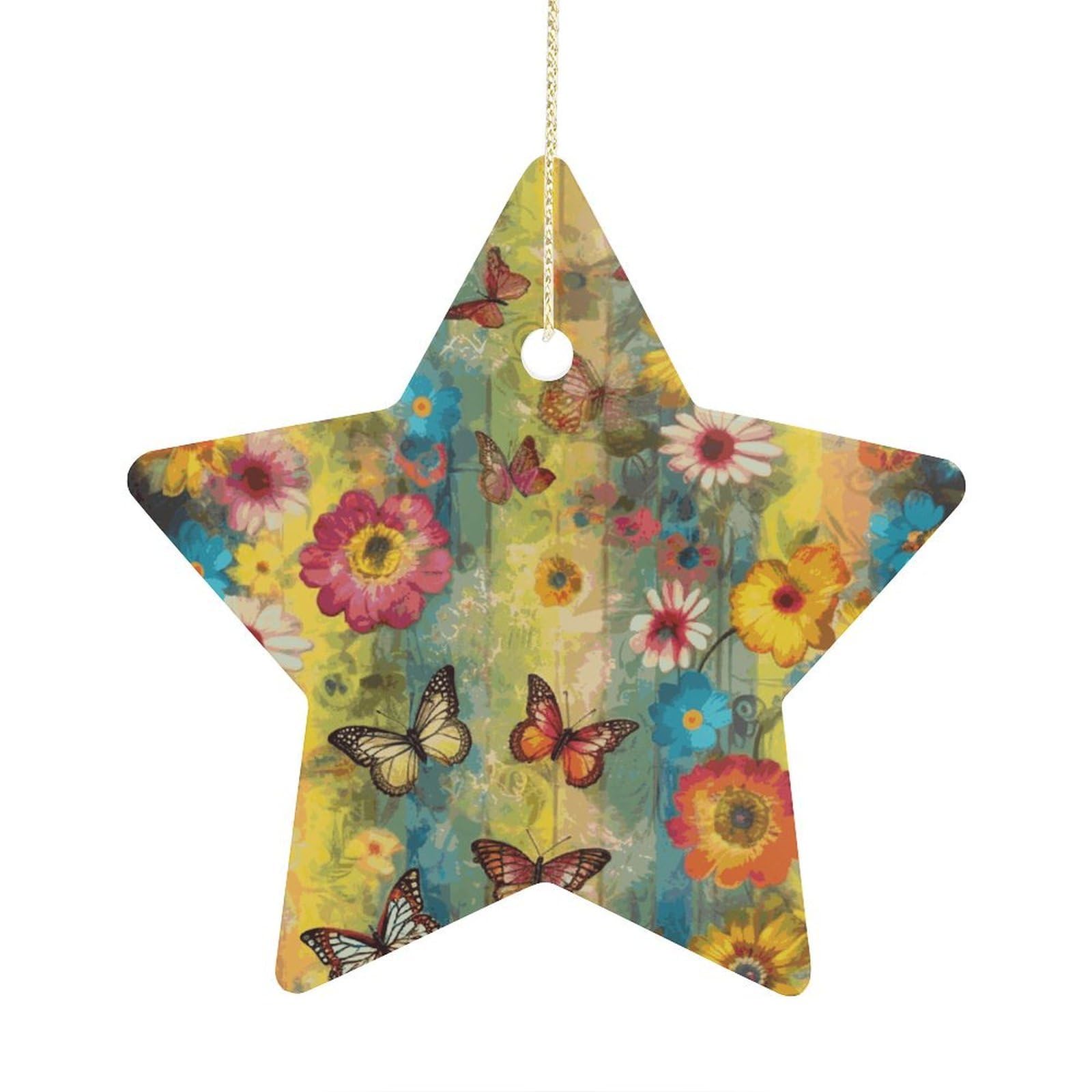 Flowers and Butterflies Ornament with String, Keepsake Hanging Decorations,Ceramic Ornaments for Women Men Indoor Home Holiday Party Gifts
