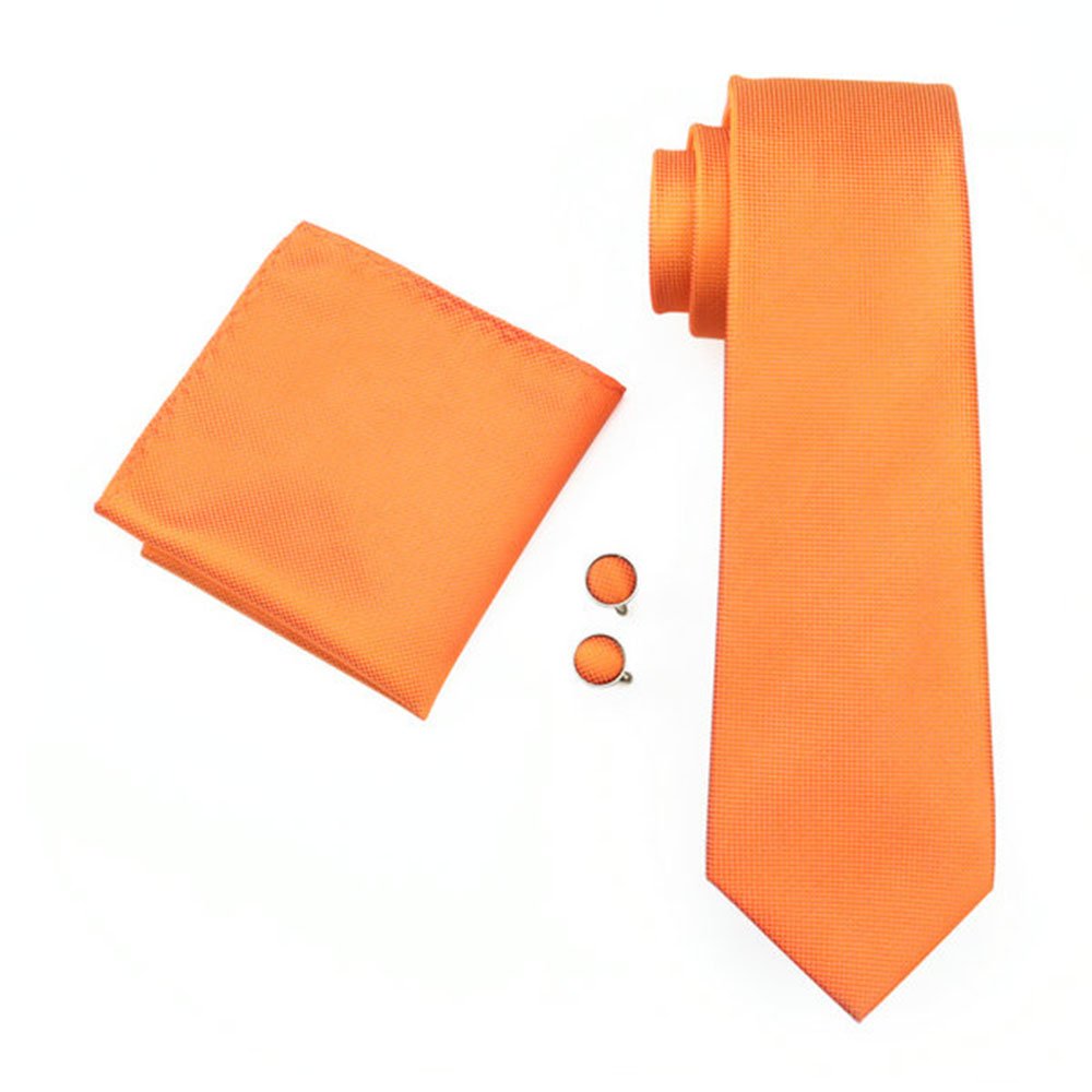 Jenson Samuel Men's Plain Orange Shirts Formal Paisley Striped Floral 100% Silk Woven Neck Tie, Pocket Square Hanky Cufflink Set (Plain Orange)