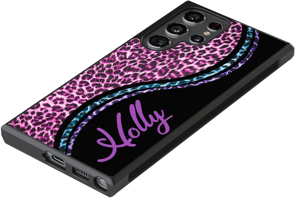 Leopard Skin Purple Personalized Black Rubber Phone Case Compatible With Samsung Galaxy S25 S25FE S25+ S25 Ultra S24 S24+ S24 Ultra S24FE, S23 FE S23+ Ultra S22 S22+