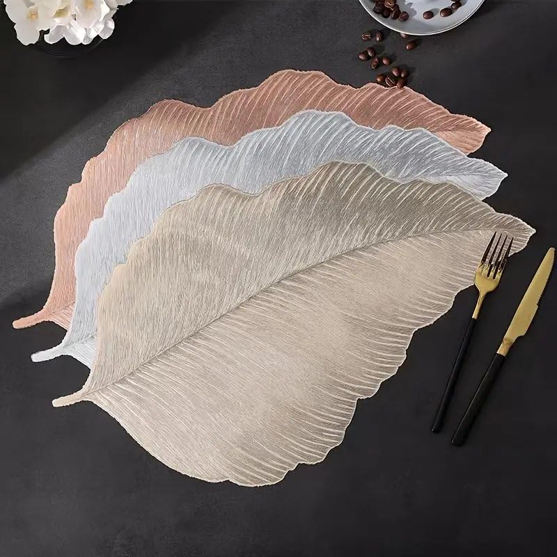 Image of Dakshya Industries PVC Waterproof Leaf Shape Table Placemat Set of 2 - Premium Rose Gold Dining Table Mats | Heat Resistant, Non-Slip, Washable Decorative Table Mat for Kitchen & Dining (Silver)