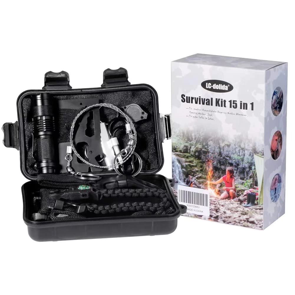 Kit de Supervivencia LC-dolida 15 en 1, Kit de Supervivencia de Emergencia al Aire Libre con Cuchillo/Linterna táctica para Acampar/bushcraft/Senderismo/Caza/Aventuras al Aire Libre