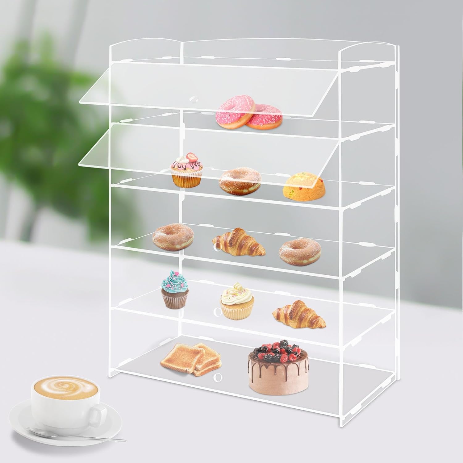 Acrylic Pastry Display Case Countertop Bakery Bread Display Cabinet Cookie Donut Dessert Box Food Display Stand with 5 Tray (Back with Door)