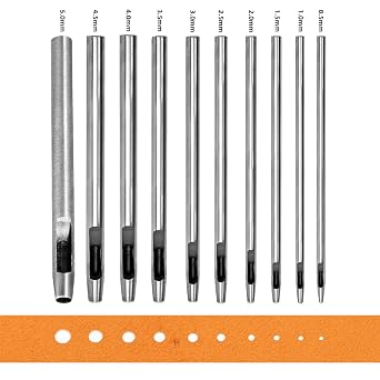 WUTA 10Pcs Leather Punch Set 0.5mm to 5mm Hole Punching Tools for Leather, Watch Bands, Fabric, Plastic, Gaskets DIY Crafting Kit