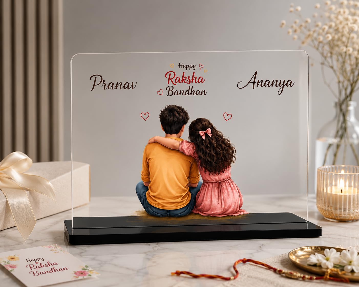 Customized Happy Rakshabandhan Acrylic Plaque with Stand | Best Rakhi Gift | Personalized Name Frame | Best Rakhi Gift for Brother Sister bhai bhabhi Cousins | Tabletop Acrylic Décor (4x6 Inch)-image-44
