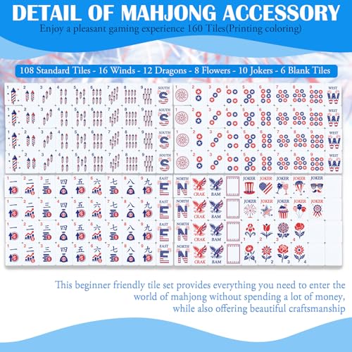 Arrowbash 160 Pcs American Mahjong Tiles Set 1.2 Inch Mah Jong Game Pieces with USA Theme Engraved Patterns Melamine Hand-Carved Tiles for Adults, Collectors & Tabletop Games(Blue) by Arrowbash - Used condition - Image 3