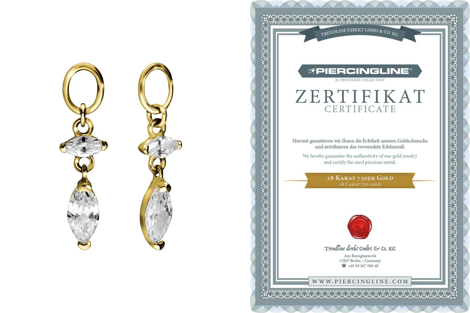PIERCINGLINE 18 Karat Gold (750 er) Anhänger für Clicker Bauchnabelpiercing Creolen 2 EINGEFASSTE KRISTALLTROPFEN Piercing Gelbgold