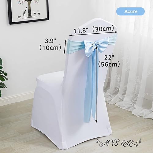 Miniatura 2 de MYS QiQi Paquete de 100 bandas de elastano para silla, lazos de satén de color azul para bodas, eventos, banquetes, hoteles, hogar y cocina, 100