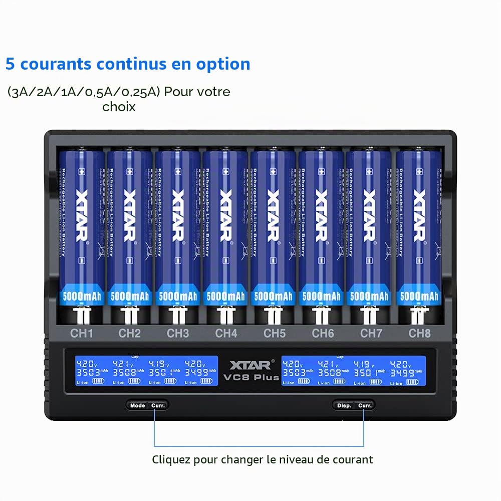 XTAR Processeur VC8 Plus et chargeur de batterie 18650 pour 8 batteries Li-ion et NiMH, chargeur européen et écran LCD