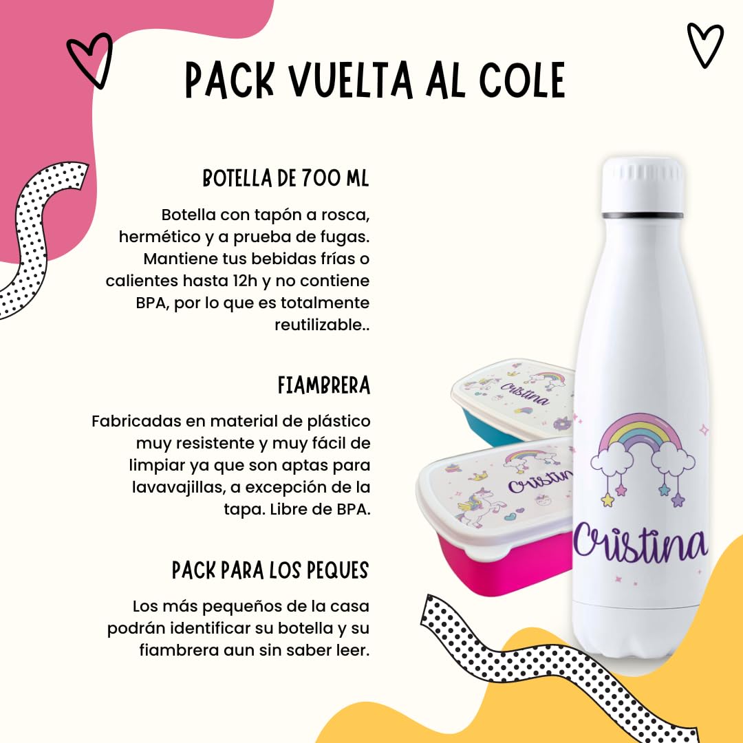 Pack vuelta al cole diseño unicornios botella personalizada + fiambrera personalizada con texto para el colegio o guardería. Libre BPA y reutilizable | Bebidas frías y calientes hasta 12h