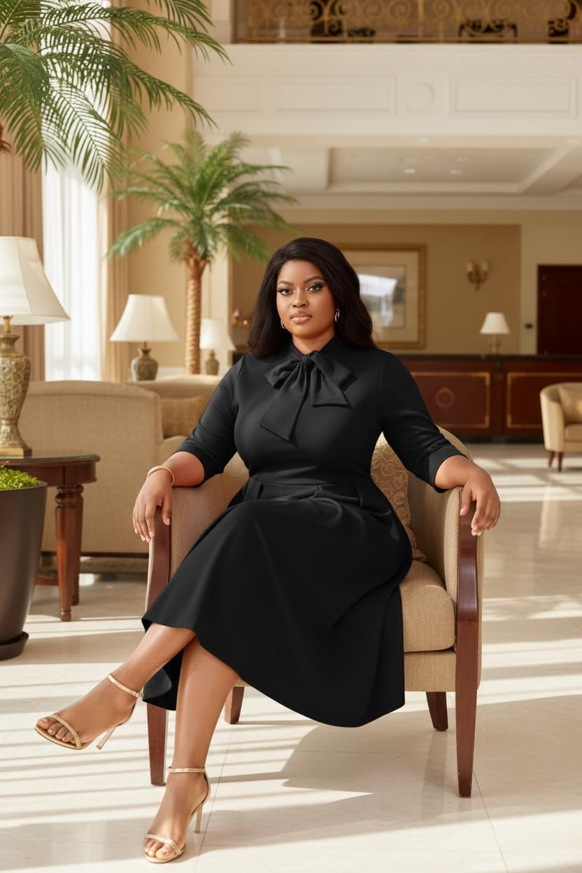 FANDEE Midi Dress for Women Casual 3/4 Sleeve Semi Formal Fit and Flare Dress Classy Tie Neck Work Business Dresses - Image 3