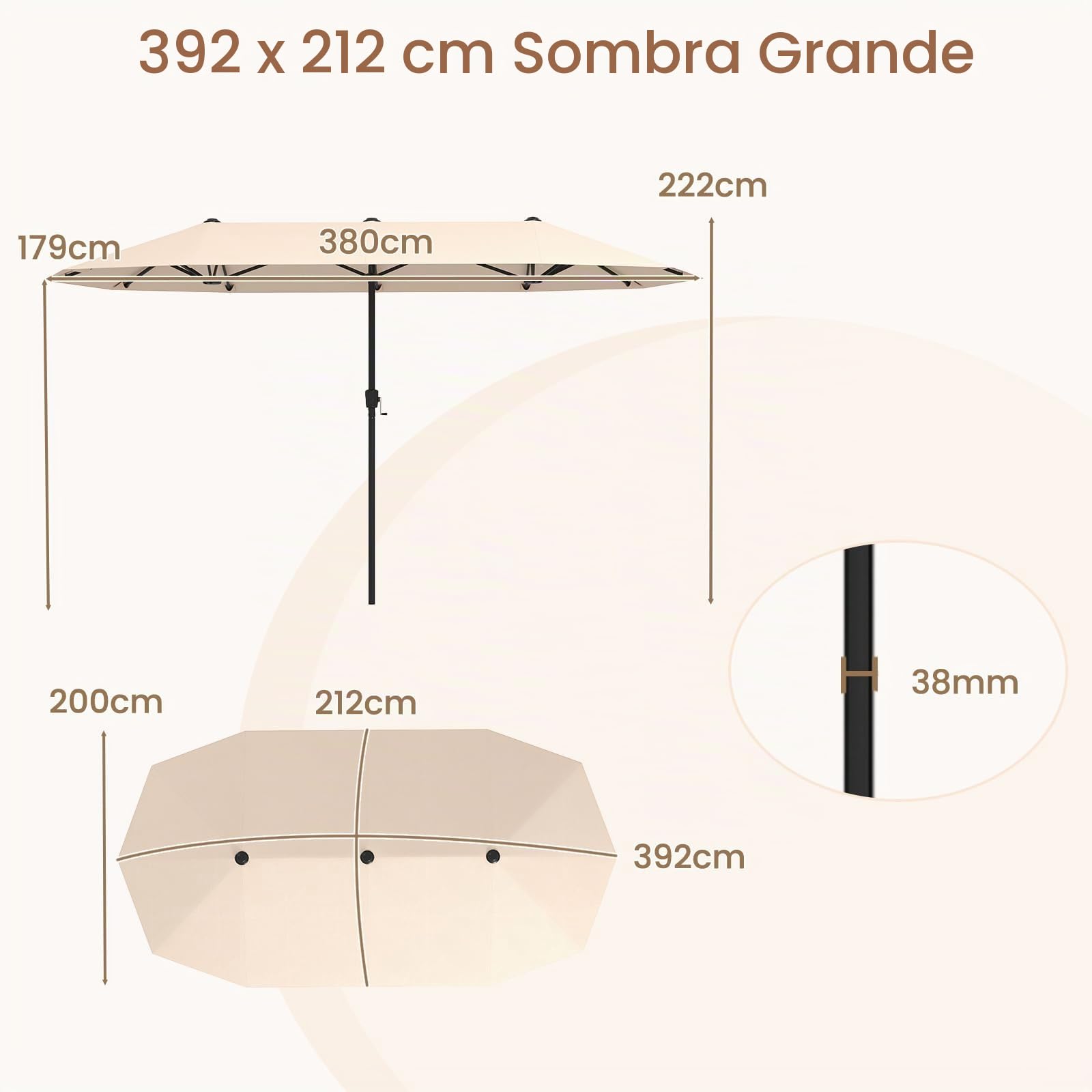 COSTWAY Sombrilla Terraza Exterior Doble 380×200 cm, Sombrilla Doble para Jardin con Manivela y 12 Varillas Resistente,Parasol Terraza Exterior para Mercado Jardín Patio (Beige, 380×200 cm)