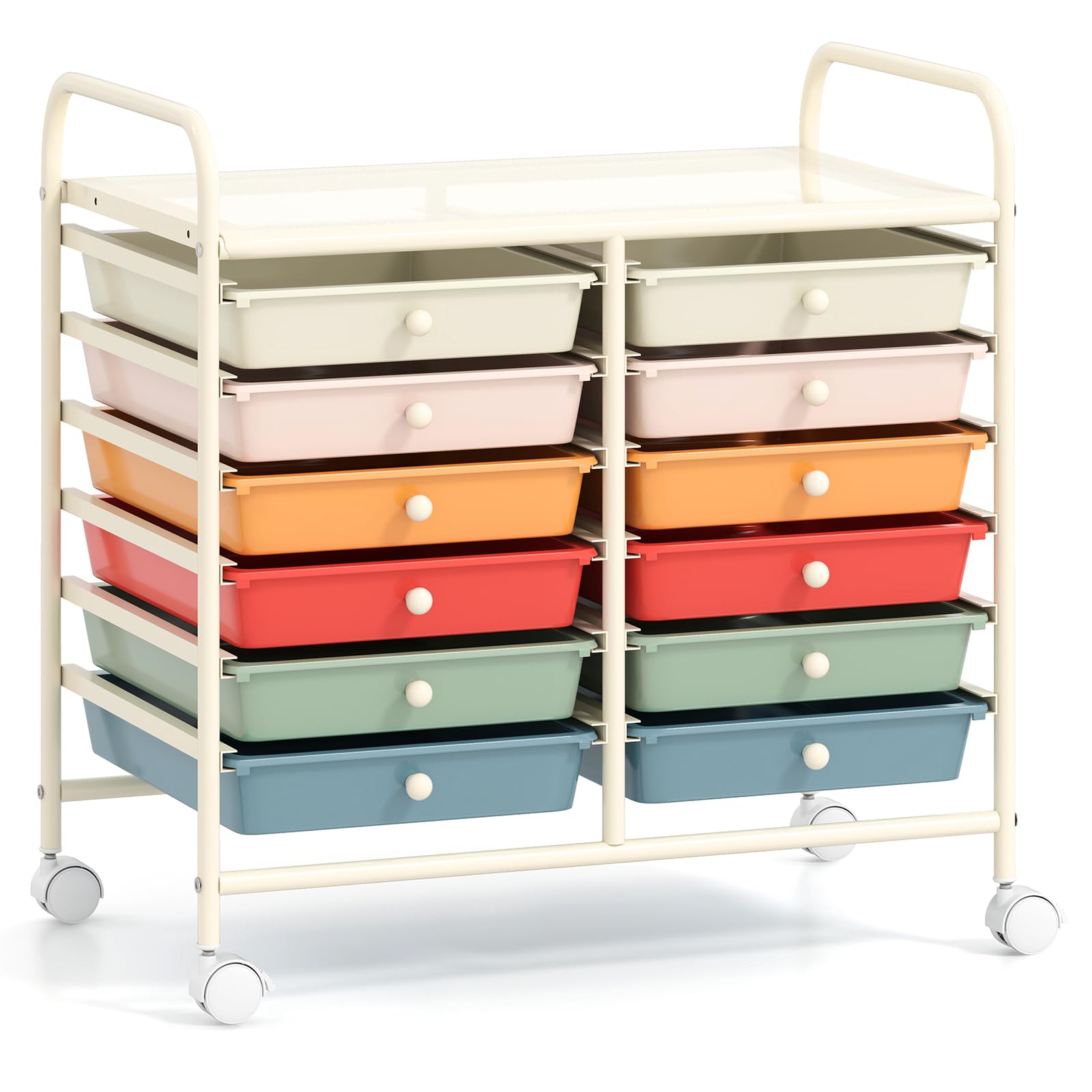 COSTWAY Chariot de Rangement à Roulettes 12 Tiroirs en PP, Tour de Rangement avec Tablette, Roues Universelles, Cadre en Métal, Desserte Meuble Tiroir pour Bureau École Salon (Macaron)