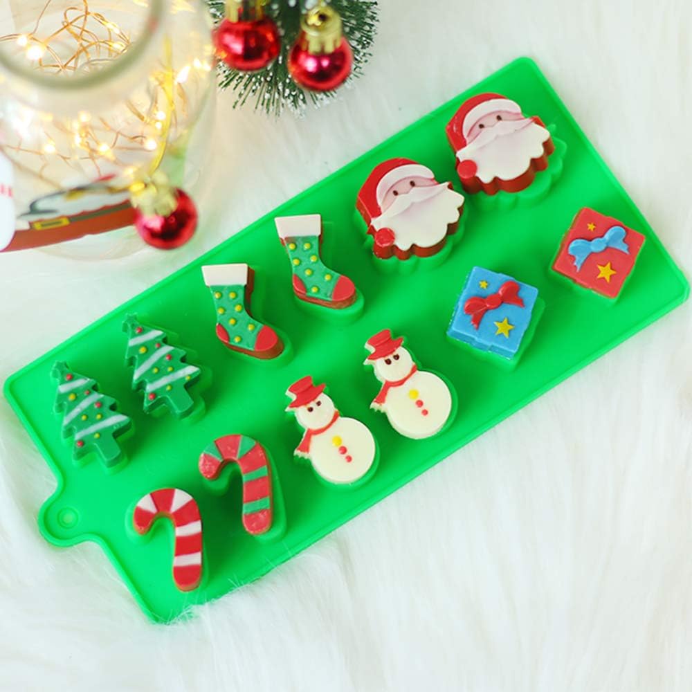 3 Pack Silicone Christmas Candy Molds, YuCool Cake Chocolate Jelly Baking Trays Pan for Party Decoration, Xmas Gift,with Shape of Christmas Tree, Santa Head - Red,Green,Pink