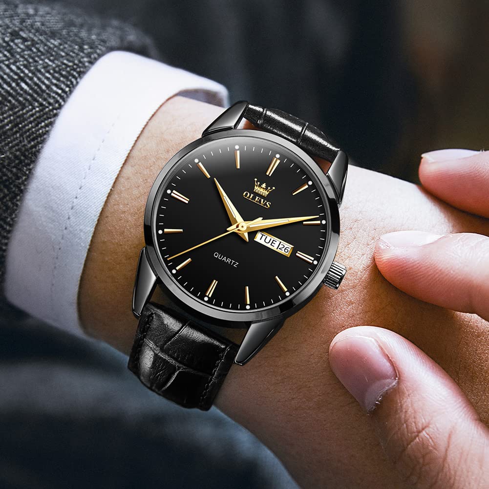 OLEVS Men's Simple Watch with Day and Date, Stainless Steel Analog Quartz Watches for Men, Classic Luminous Hands Men's Dress Watches, Black/White/Blue Dial