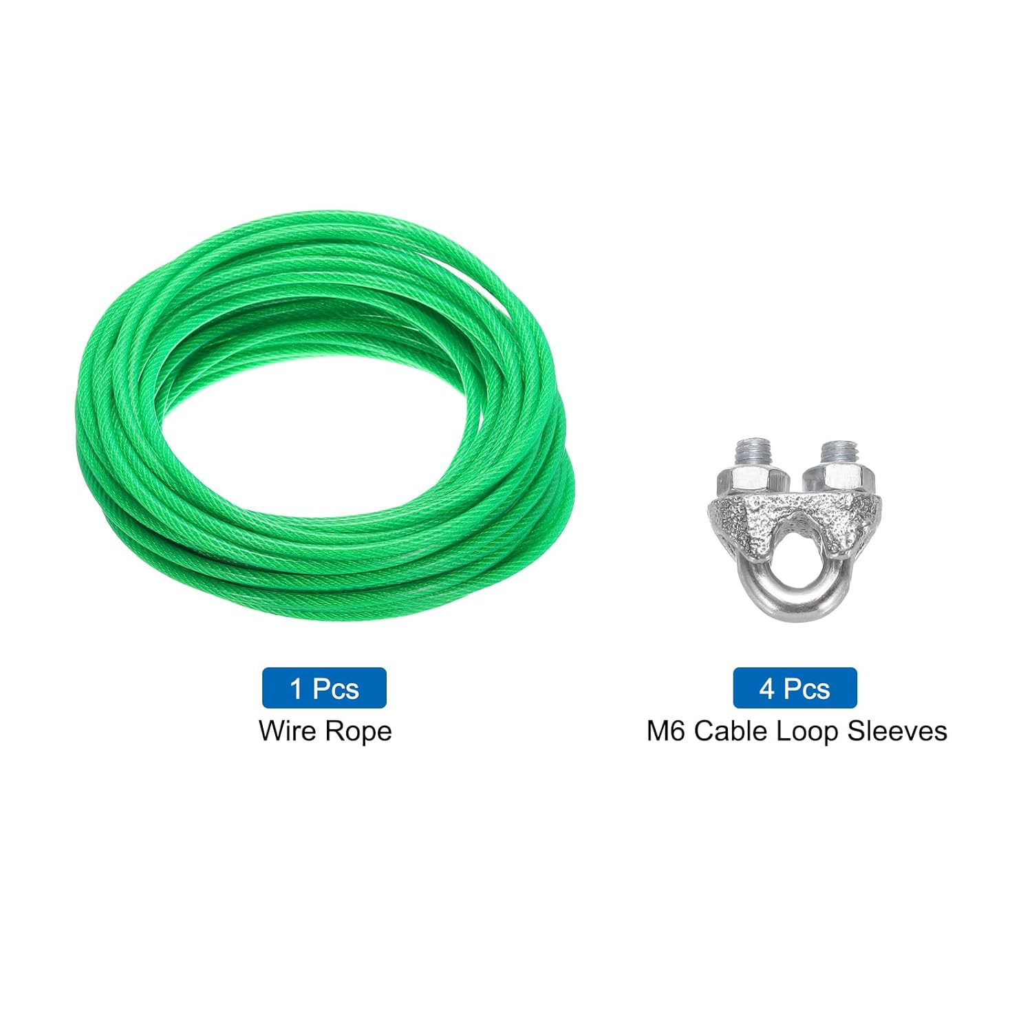 MECCANIXITY 6mm (1/4 inch) Green Vinyl Coated Wire Rope, 15m /49ft Galvanized Steel Cable Wire Rope with 4PCS M6 Loop Sleeves for String Light Hanging, Deck Railing, Garden Wire