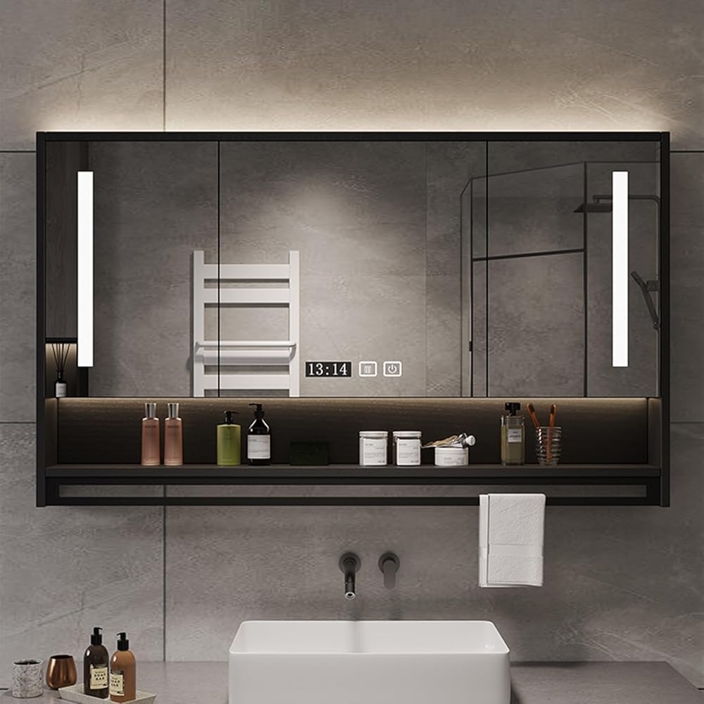 Moderner LED-Badezimmer-Spiegelschrank mit 3 Türen, mit verstellbaren Regalen, Wandmontage, Sensor, Touch-Spiegelschrank für Badezimmer (Größe: 120 x 75 x 12 cm, Farbe: Schwarz)
