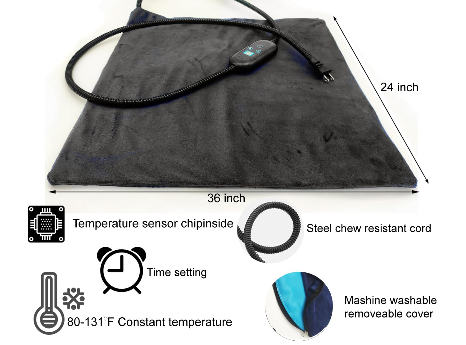 Tappetino riscaldante per animali domestici, 61 x 91 cm, 6 livelli di calore con timer, cavo resistente alla masticazione, tappetino impermeabile per cani e gatti