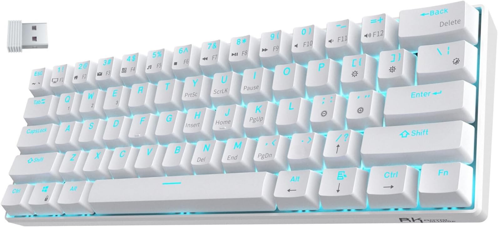 Rk Royal Kludge Rk61 61 Keys Wired/Wireless Multi-Device Yellow Led Backlit Mechanical Gaming/Office Keyboard For Ios, Android, Windows With 1450Mah Battery, Hot-Swappable Tactile Blue Switch-White