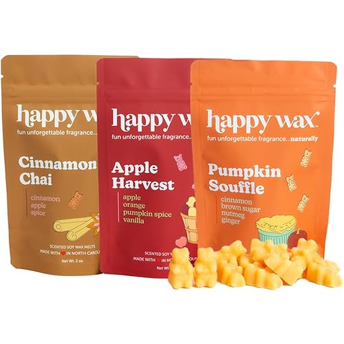 Happy Wax Savory Mix Premium Scented Natural, Non Toxic Soy Wax Melts – 6 Total Oz. of Scented Wax Melts. Includes: Cinnamon Chai, Apple Harvest, and Pumpkin Soufflé