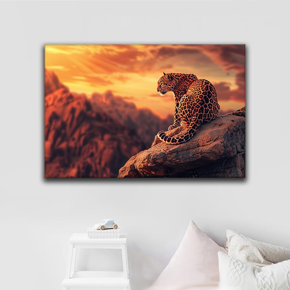 Amazon.co.jp: ヒョウキャンバスプリント、野生動物の壁アート、夕日の