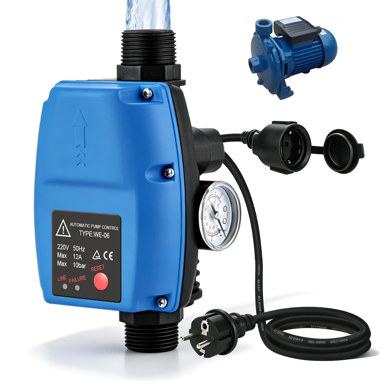 Pumpensteuerung Druckschalter mit Manometer - Druckschalter Wasserpumpe, Automatischer Pumpendruckregler, Druckwächter Druckschalter 10 bar Durchflusswächter für Hauswasserwerk Kreiselpumpe Gartenpump