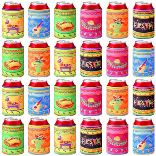 Shellwei 24 Mexican Can Cooler Sleeves Fiesta 12 oz Insulated Neoprene Can Cover for Soda Beer Beverages Cactus Mexican Party Decorations Cincode Mayo Fiesta Party Supplies (Novel)