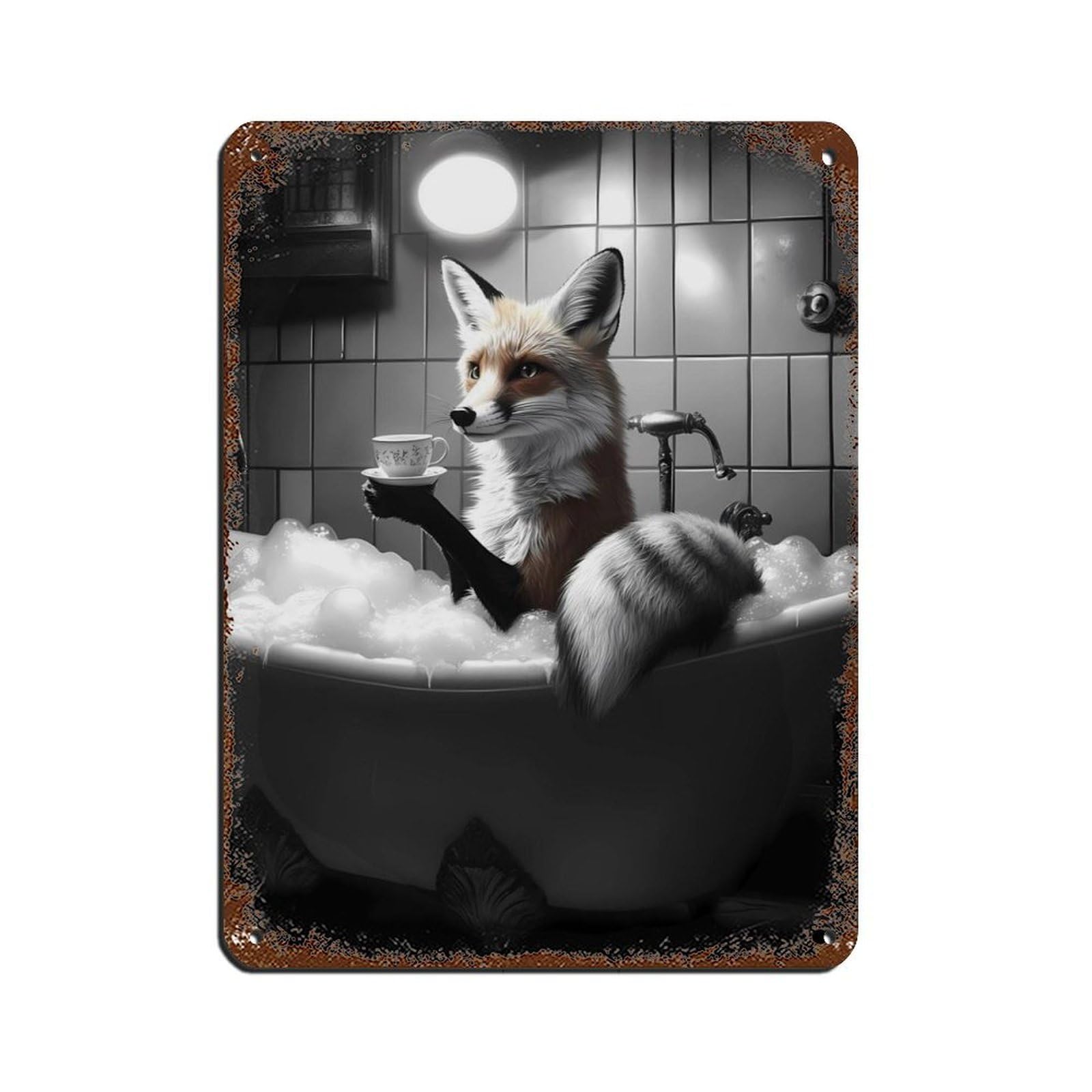 Cute Fox in Bathtub, Adorable Animal Tin Sign Vintage Metal Pub Club Cafe Bar Home Wall Art Decoration Poster Retro 12x16inch(30x40cm)