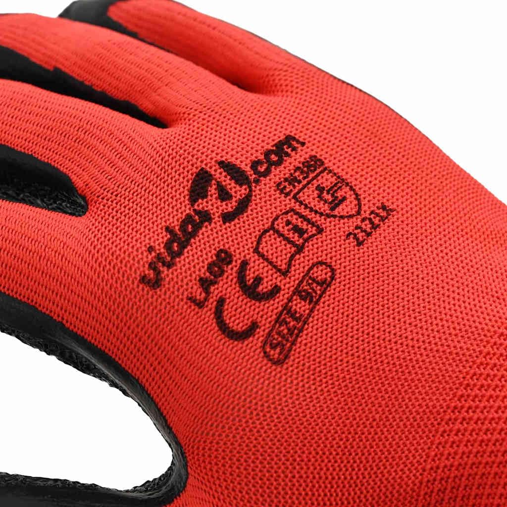 Guantes de trabajo, 24 unidades, color rojo y negro, talla 9, con revestimiento de látex, antideslizantes, transpirables, flexibles, para jardín, construcción, taller, montaje, artesanía