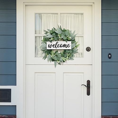 Miniatura 10 de Dremisland Corona para puerta delantera, corona de eucalipto verde de 18 pulgadas, letrero de bienvenida para granja, decoración de festival,