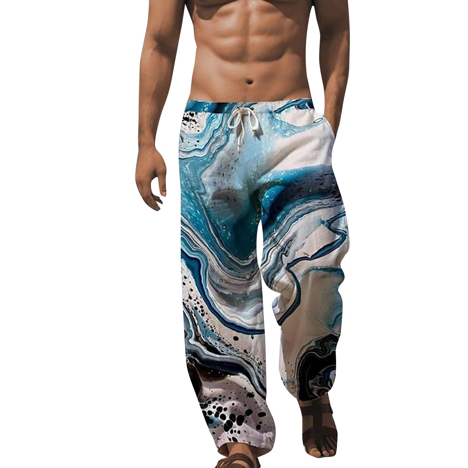 NANAMEEI Heren linnen broek lang met trekkoord, licht, zomer, vrije tijd, strand, Kaki, 3XL