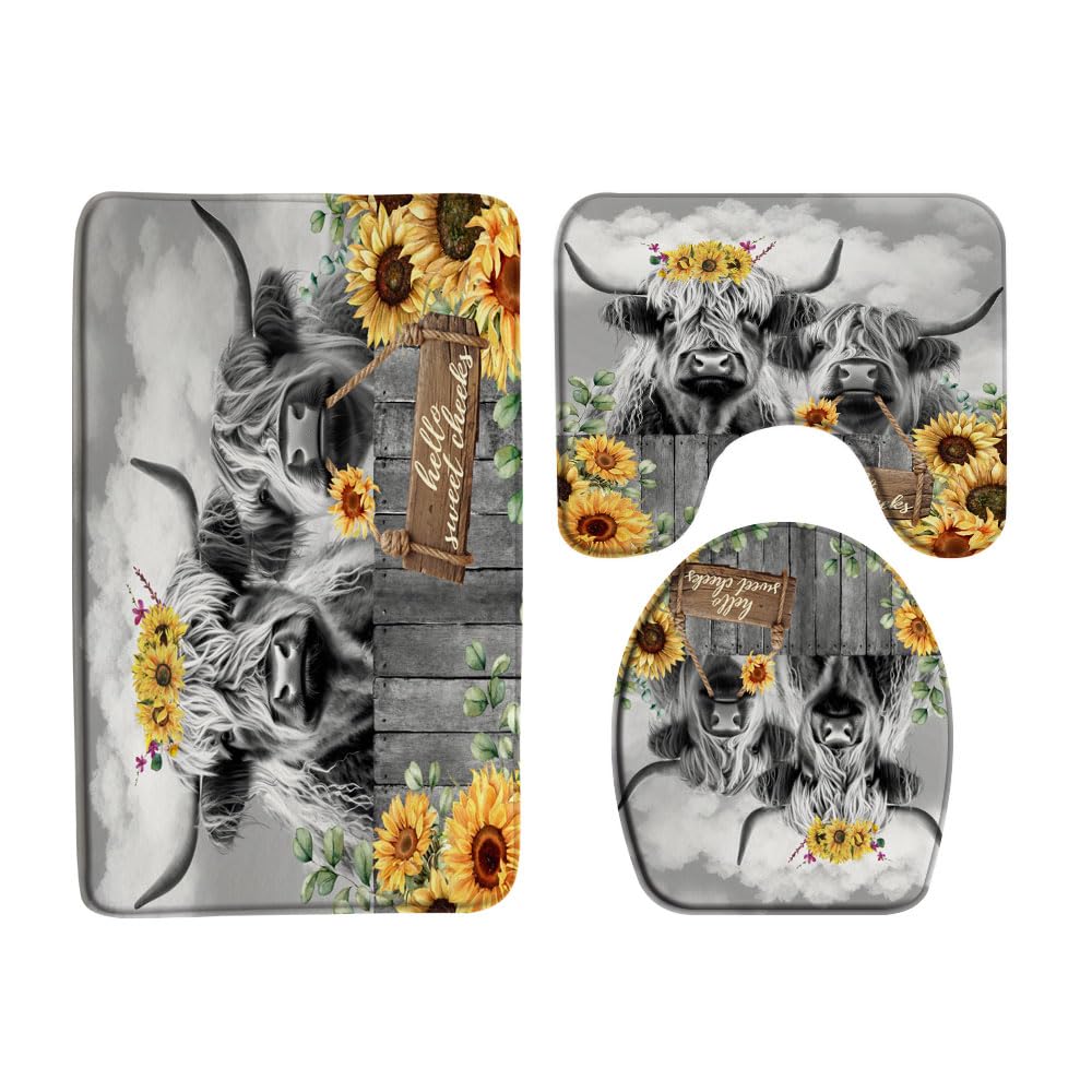3Pcs Funny Highland Cow Bath Rugs Set,Country Sunflower Floral Plant Cute Cattle Bull Rustic Western Farm Animal Bathroom Kitchen Rug with 17.8