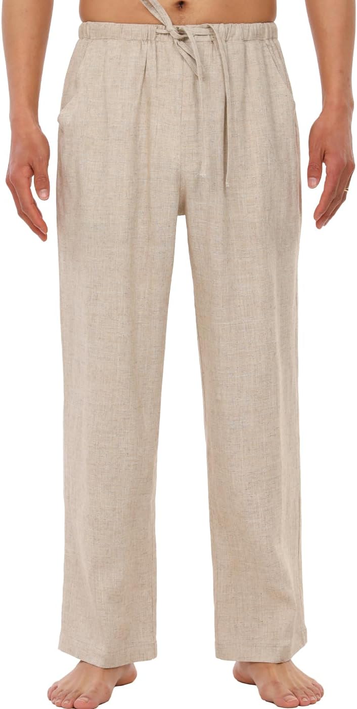 Bonnorth Men's Linen Loose Drawstring Elastic Waist Wide Leg Solid Casual Pants