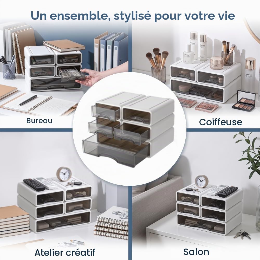 Lot de 5 Boîtes de Rangement Empilables, Organisateur de Bureau avec Tiroirs, 4 Petits + 1 Grand, Contenant en Plastique Blanc pour Papeterie, École, Maison, Gain de Place