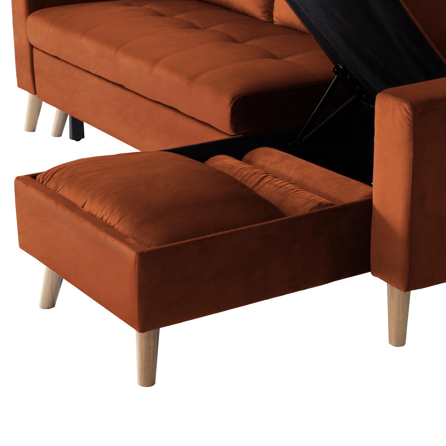 Happy Garden Canapé d'angle Convertible James 3 Places en Velours Terracotta. Canapé au Style scandinave avec méridienne réversible et Coffre de Rangement.
