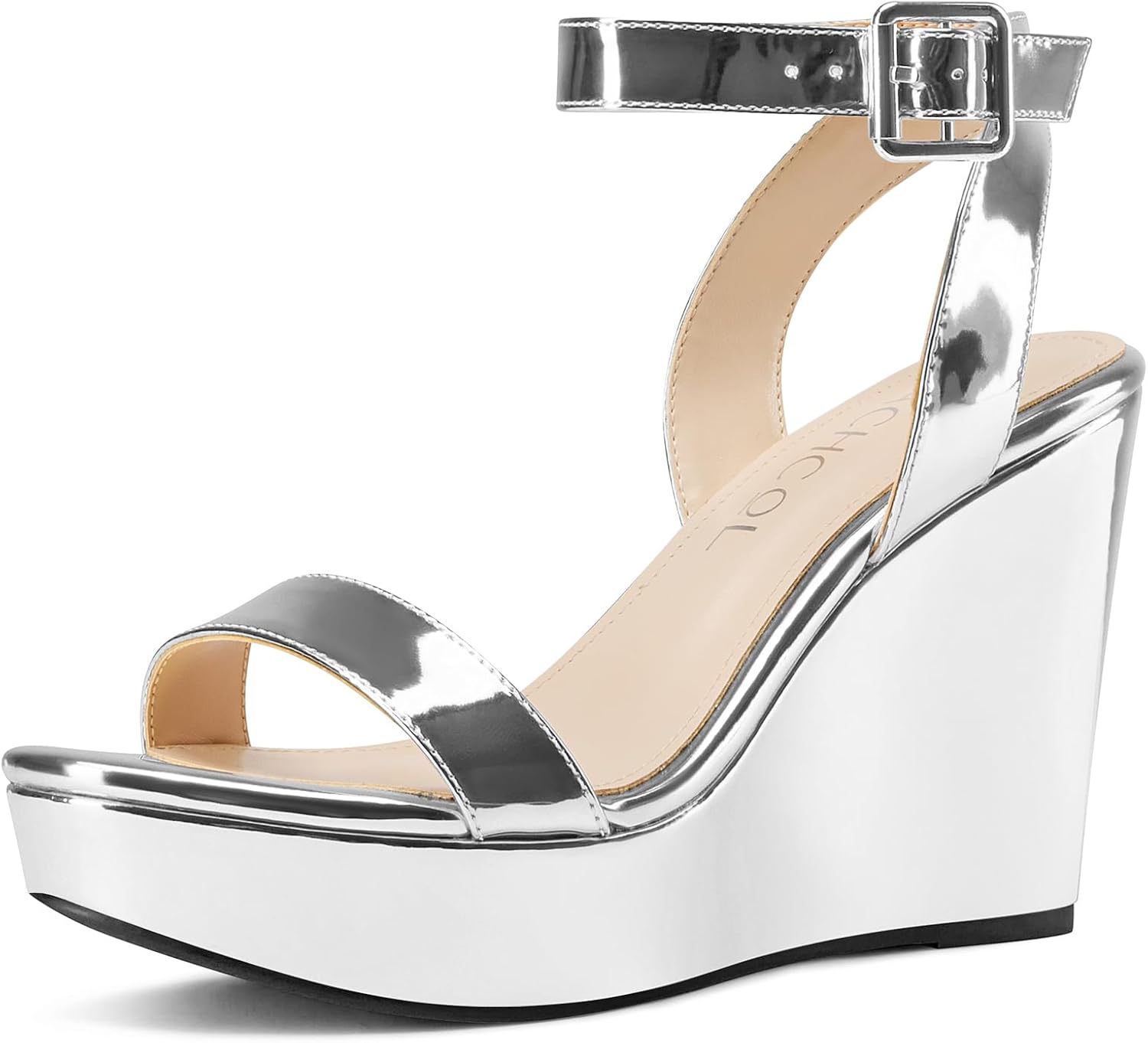 Aachcol Women Platform Wedge Sandals Round Peep Open Toe Ankle Strap Slingback Two-Piece Chunky Block High Heel Dress Shoes Pumps Party Patent 4 Inch