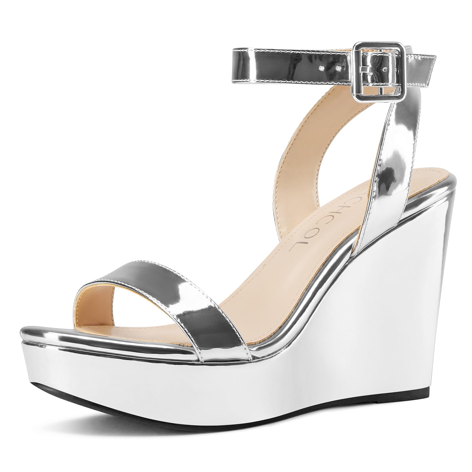 Aachcol Women Platform Wedge Sandals Round Peep Open Toe Ankle Strap Slingback Two-Piece Chunky Block High Heel Dress Shoes Pumps Party Patent 4 Inch