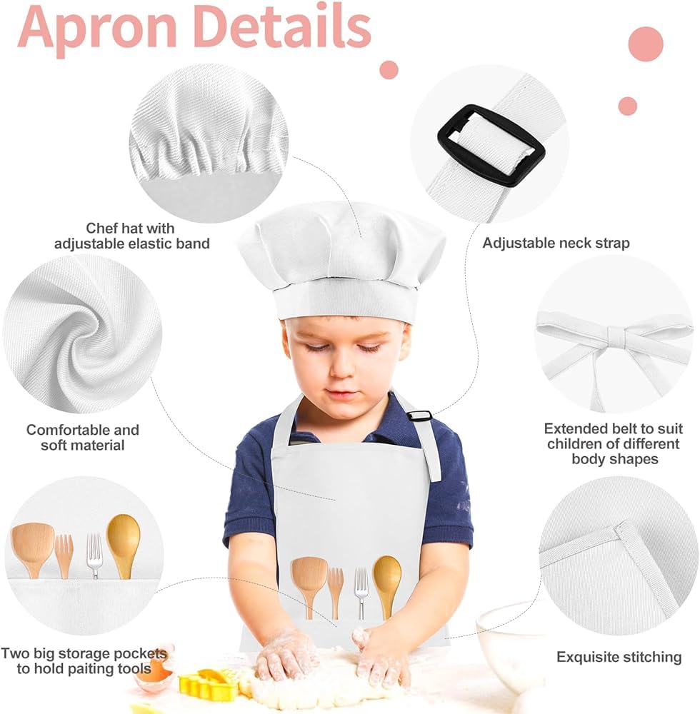 MAKSTILE Kids Apron with Chef Cap |Adjustable Neck Strap |Ideal for Cooking, Baking, Painting & School Activities | Cotton Children Apron for Boys & Girls | 3 to 6 years | Size-52 x 47 cms (White) - Image 3 thumbnail
