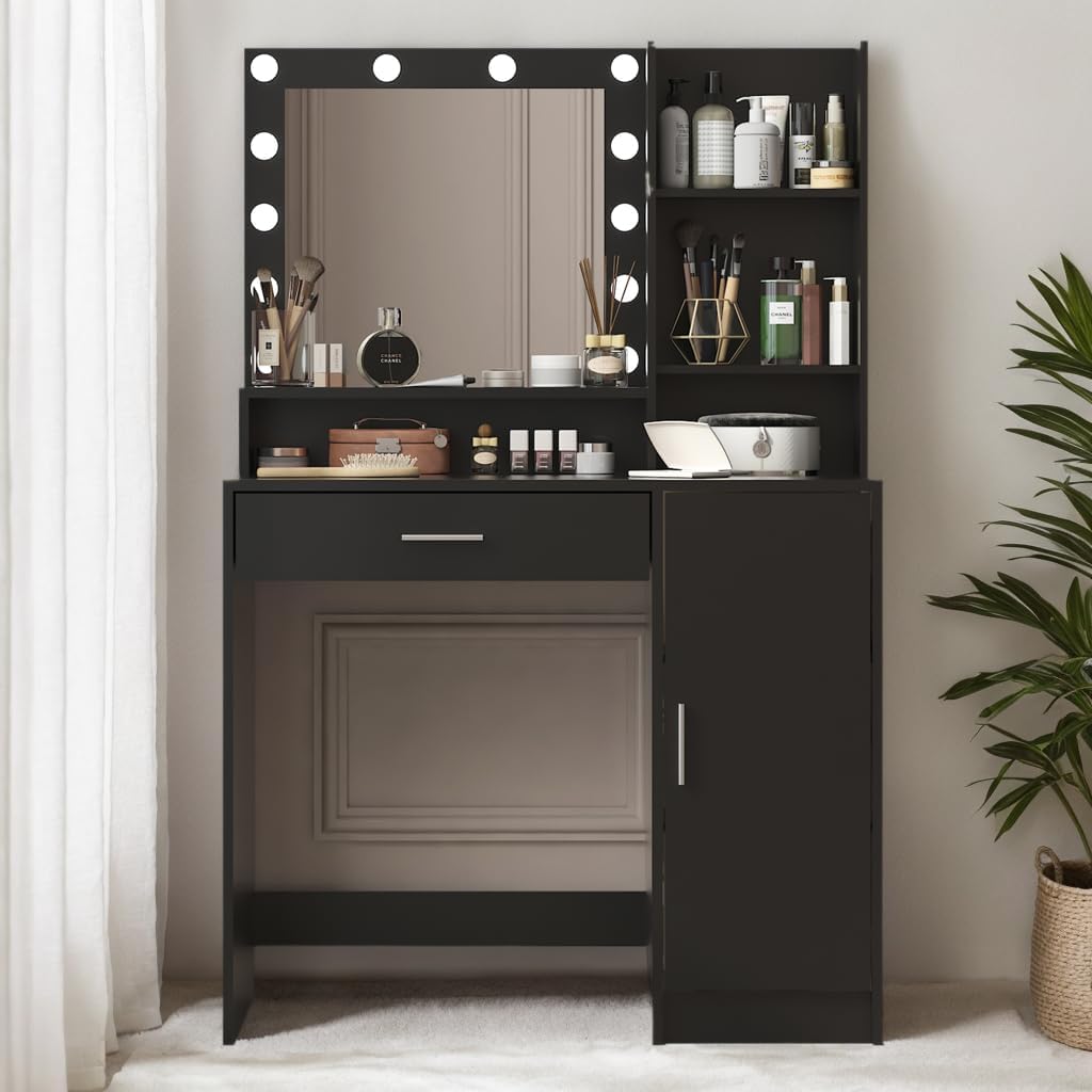 Vanity Table with Mirror, 2 Drawers and 3-Tier Storage Makeup Vanity Desk, 12 LED Lights and 3 Color Lighting Modes, Perfect for Bedroom and Dressing Room Vanity Area (Black)