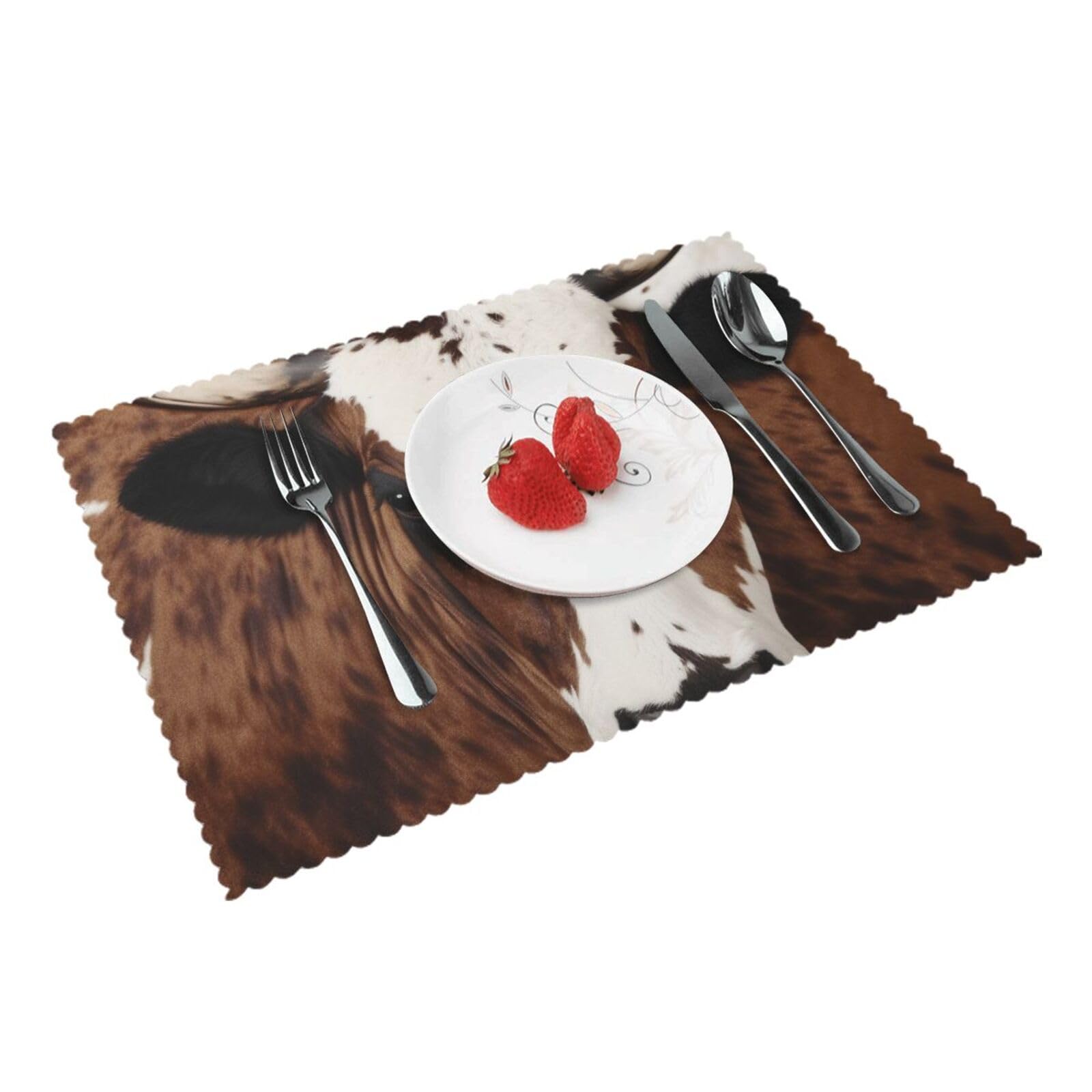 Brown Cowhide Art Printed Placemat Heat Resistant Place Mats Set of 4 PCS Washable Kitchen Table Mats, 12x18 Inch