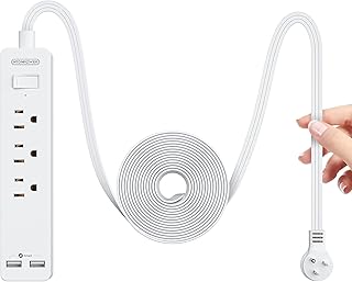 NTONPOWER Power Bar 10 Ft, Flat Extension Cord Under Carpet, Rug, Door, Flat Plug Power Strip with 3 Outlets 2 USB, Wall Mount, Overload Protection for Indoor Office Home Dorm Room Essentials