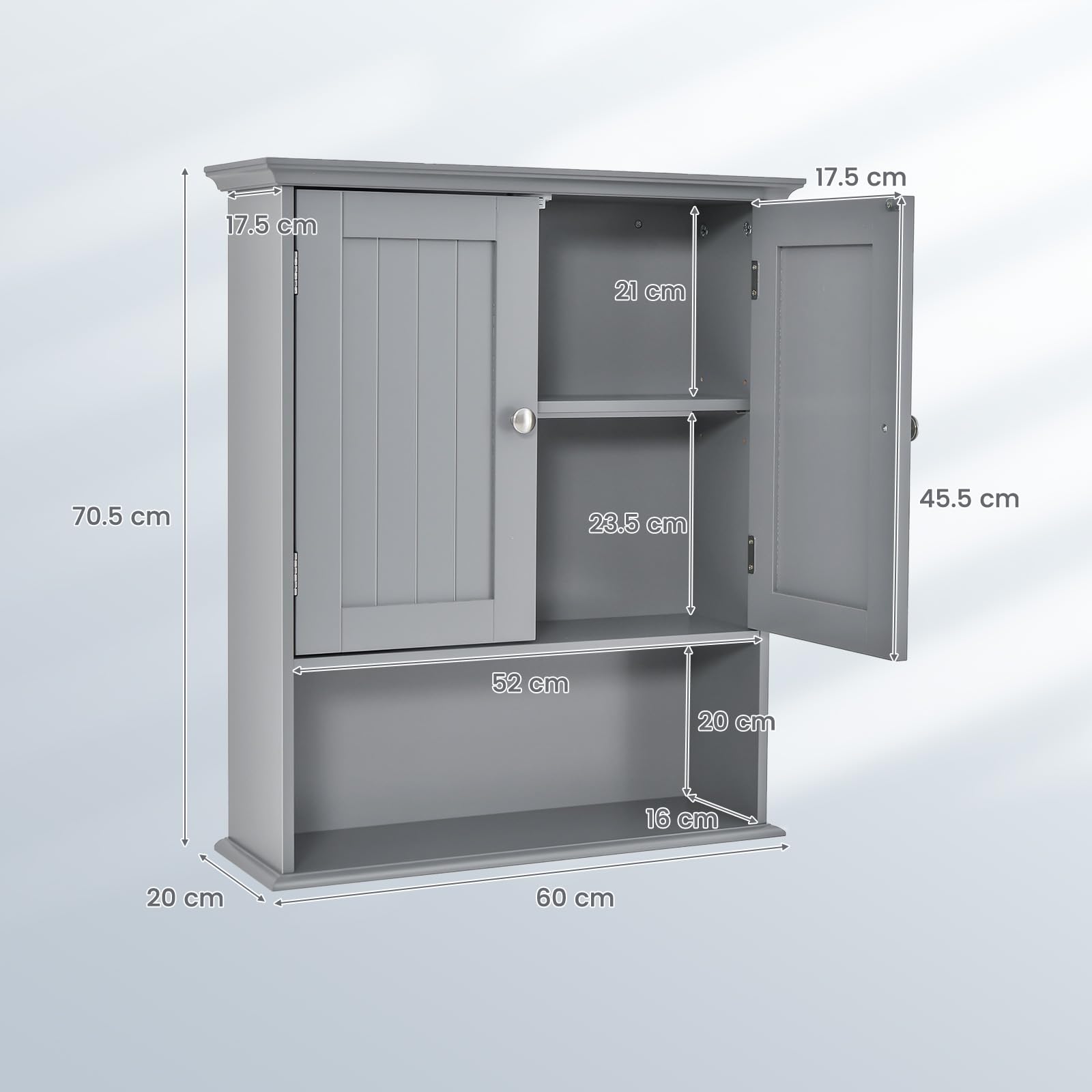 GIANTEX Badezimmerschrank hängend Holz, Hängeschrank Bad mit offener Ablage, Badschrank Wandschrank mit Türen & verstellbarem Regal, Badhängeschrank für Badezimmer Küche 60x19x71 cm (Grau)