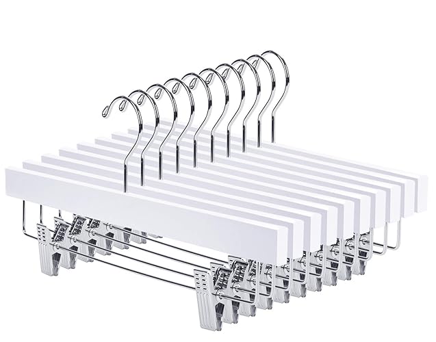 Nature Smile Wooden Pants Hangers Wood Bottom Jeans Skirt Hanger with Clips Anti Rust Hook Pack of 10 (White) - White