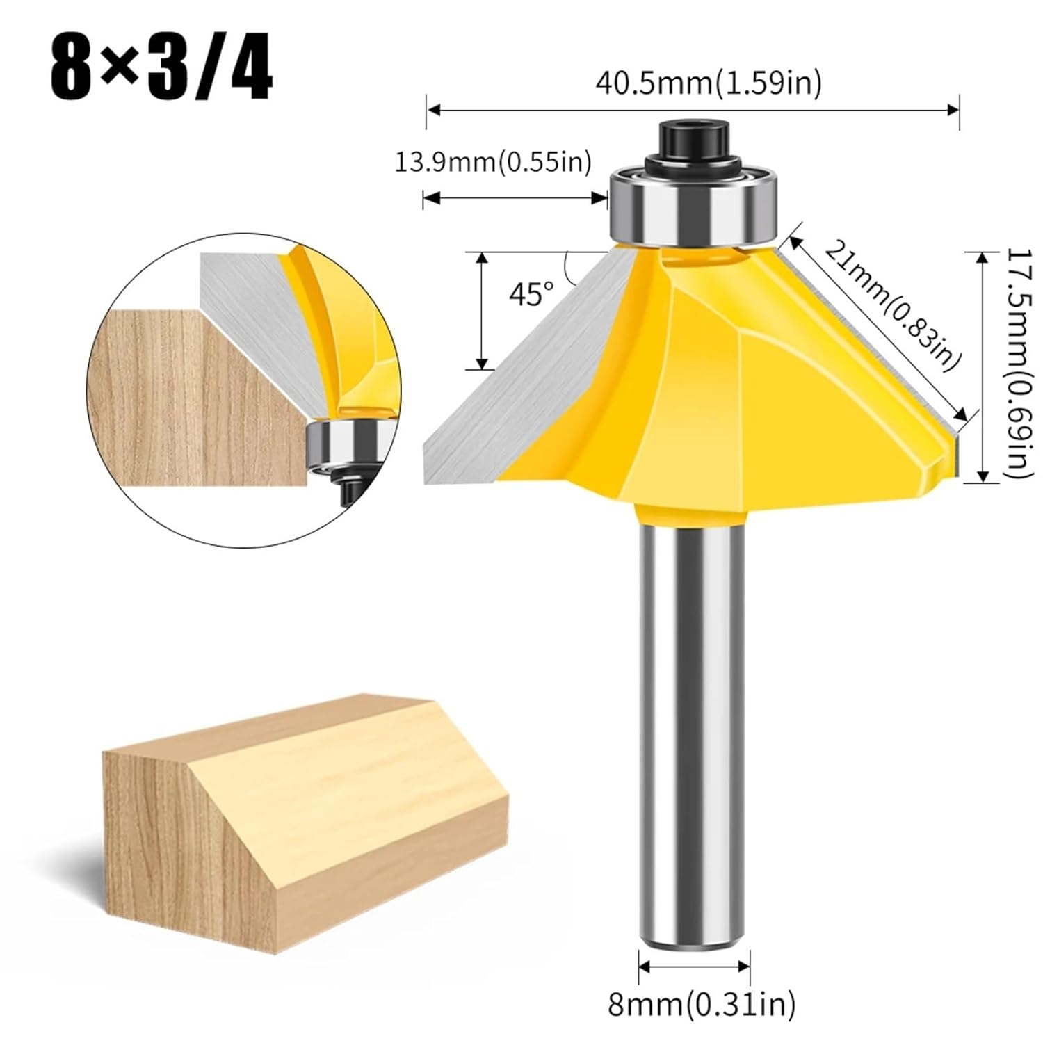 8mm Shank 45 Degree Bevel Router Bit Woodworking Milling Cutter Trimming Machine Engraving Machine Cutter Woodworking Tools 1Pcs(8X19.05mm)