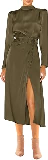 Women's 2023 Fall Satin Dress Long Sleeve Mock Neck Ruched Side Slit Elegant Silk Cocktail Party Maxi Dresses