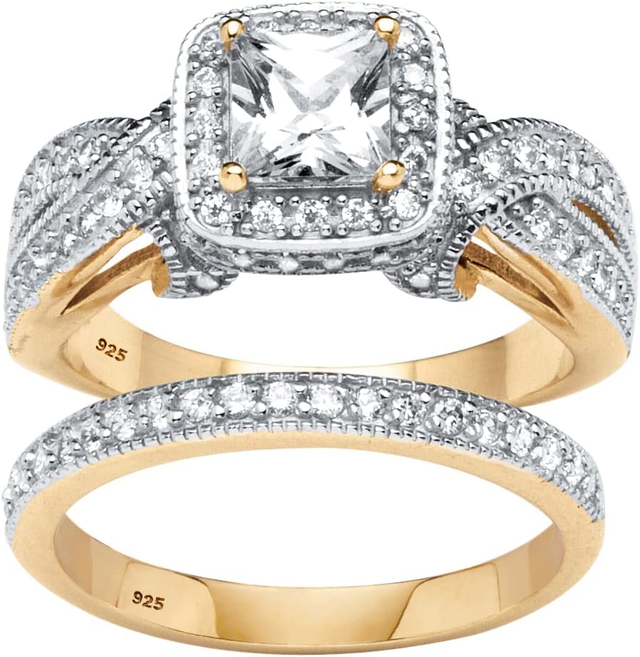 PalmBeach Yellow Gold-plated Sterling Silver Princess Cut Cubic Zirconia Halo Bridal Ring Set Sizes 6-10