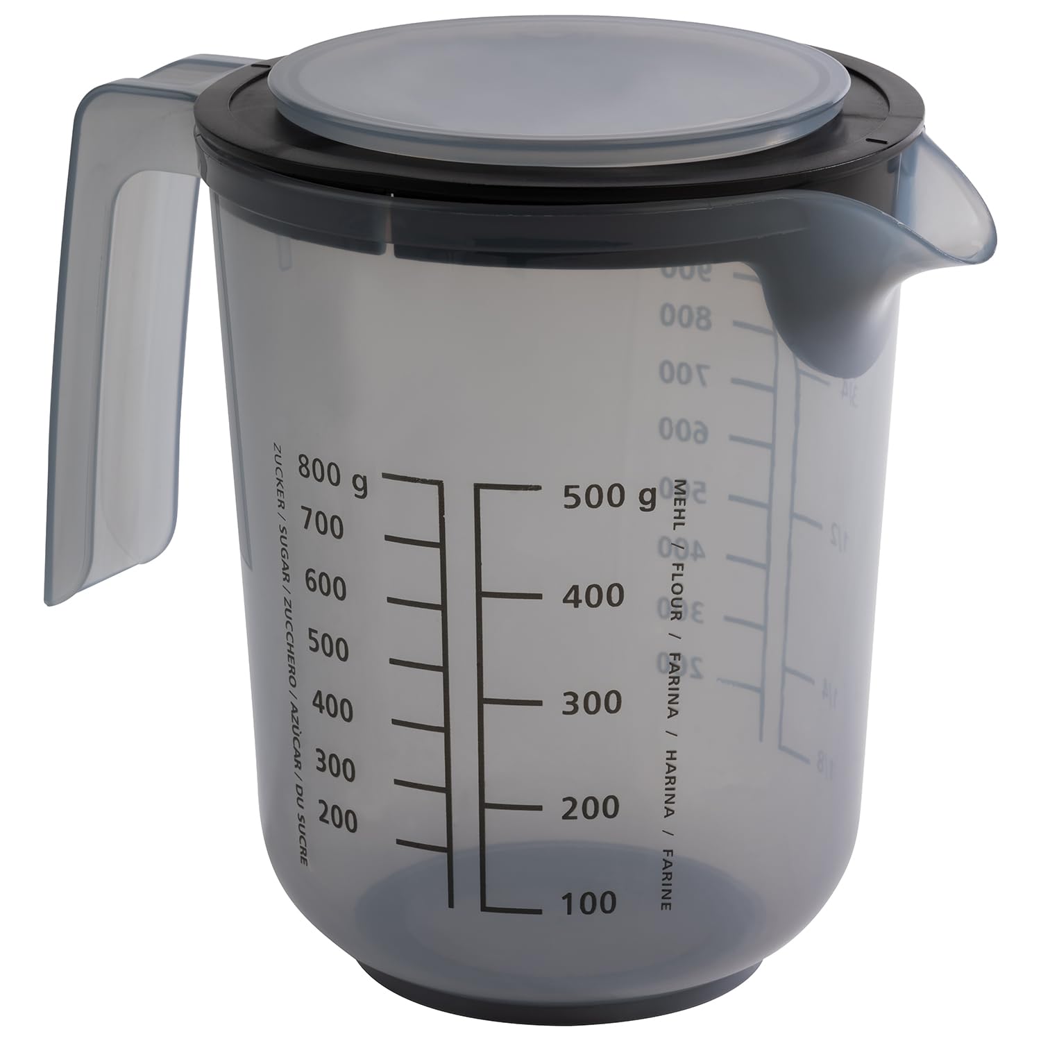 APS 30072 Kubek do mieszania z pokrywką – kubek z miarką do płynów (l/ml), cukru (g) i mąki (g) / pojemność 1 litr/Ø 12,5 cm/wysokość 16 cm/nadaje się do mycia w zmywarce, szary francuski