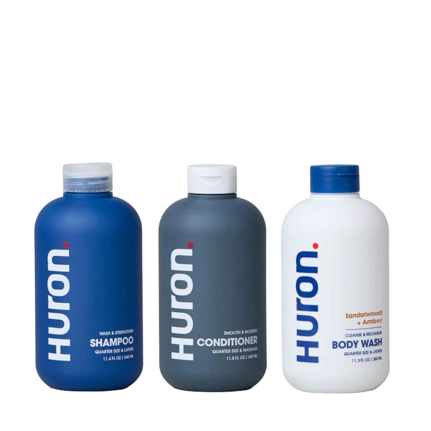 Huron Men’s Shower Kit – Shampoo, Conditioner & Body Wash with Sandalwood + Amber Scent, Hydrating, Phthalate-Free, non-toxic Ingredients for Hair & Skin Care, 12 fl oz (Pack of 3)