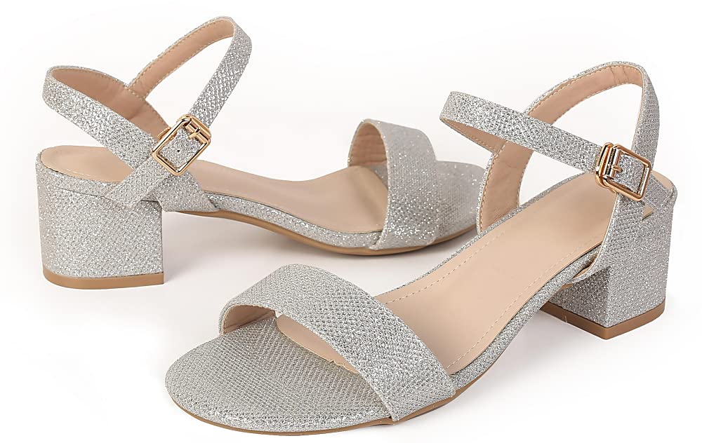 kkdom Women's Open Toe Ankle Strap Glitter Low Block Chunky Heels Sandals Dress Pumps