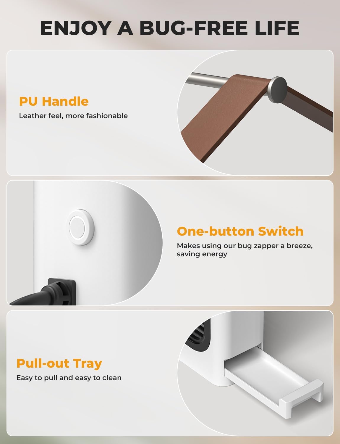 Details of the YISSVIC Bug Zapper's PU handle, one-button switch, and pull-out tray